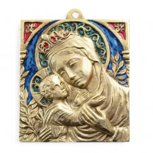 Vierge de tendresse à l’Enfant, plaque murale en bronze & émaux limousins – 9 x 10 cm – 075