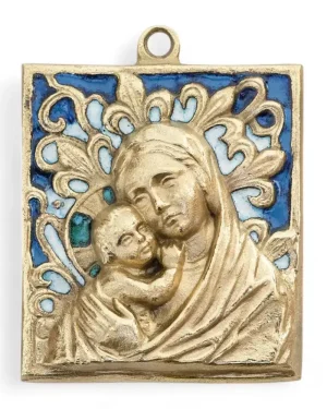 Plaque Vierge à l&rsquo;Enfant avec fleurs de lys – 8,5 x 9,5 cm – 0107