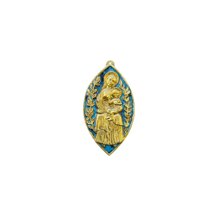 Vierge à l’Enfant, mandorle médiévale en bronze émaillé – 11 cm – 70