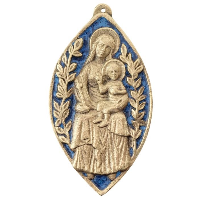 Vierge à l’Enfant, mandorle médiévale en bronze émaillé – 11 cm – 70