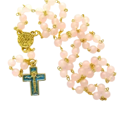 Chapelet en quartz rose et doré – Croix émaillée – CH3-0181