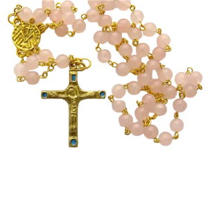 Chapelet en quartz rose et chaine dorée – Crucifix émaillé – CH3-0202 - Les Tailleurs d'Images