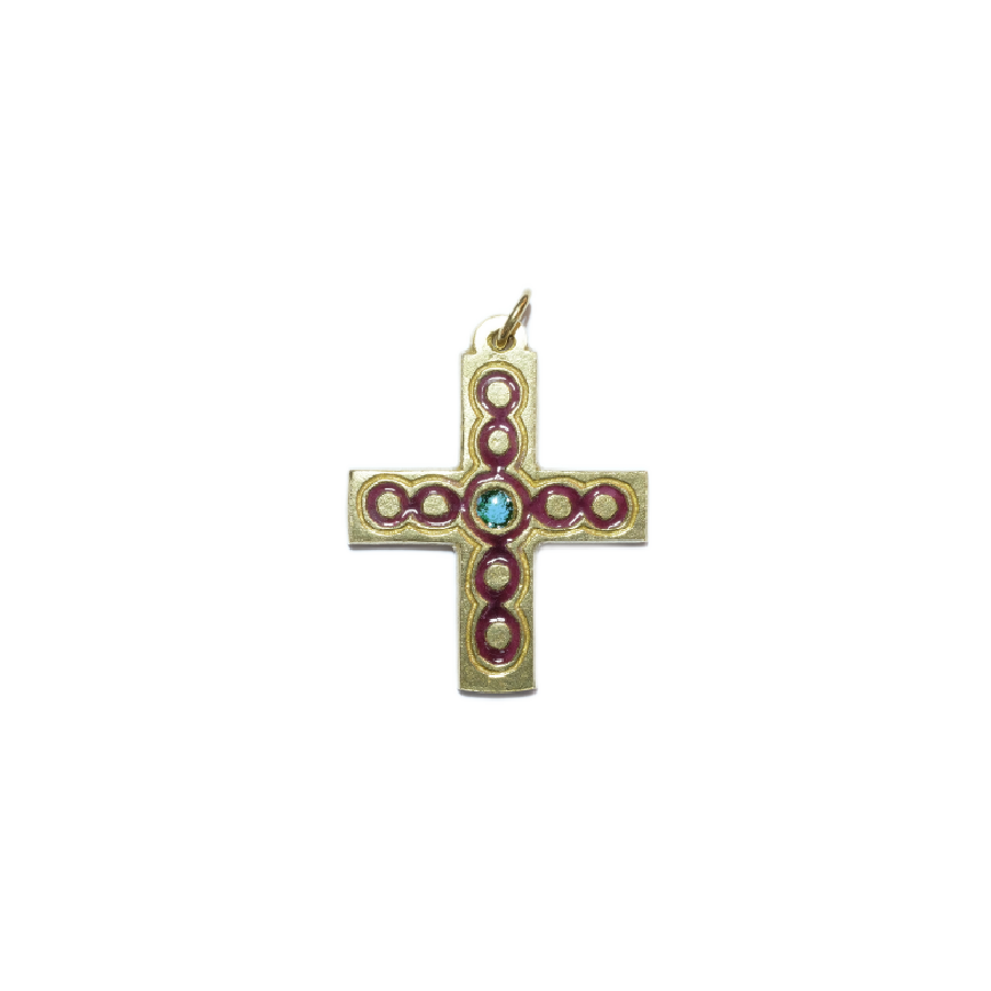 Croix d’inspiration médiévale, bijou émaillé avec cabochons – 5 cm – 013
