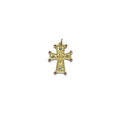 Croix en pendentif : fleur de lys et cabochons émaillés – 3 cm – N50