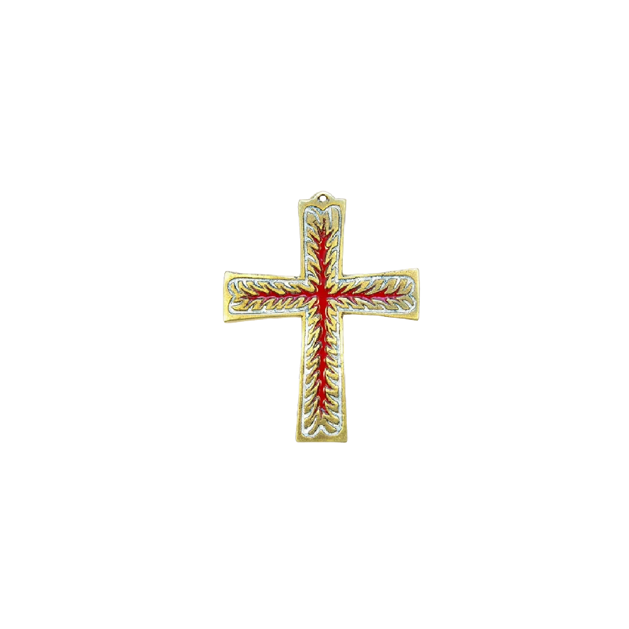 Croix enflammée, symbole du Saint-Esprit, en bronze émaillé – 10 cm – 960 BLANC - Les Tailleurs d'Images