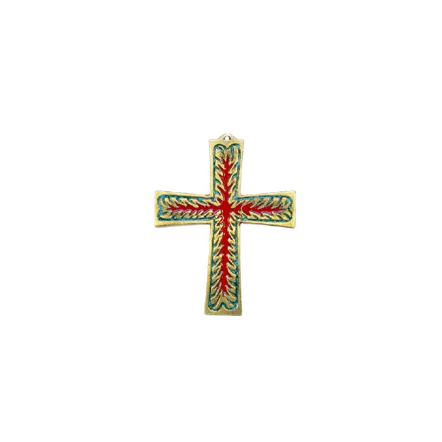 Croix enflammée, symbole du Saint-Esprit, en bronze émaillé – 10 cm – 960 VERT - Les Tailleurs d'Images