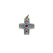 Croix grecque médiévale, pendentif émaillé et cabochons – 4 cm – 790 bleu_- Les Tailleurs d'Images
