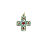Croix grecque médiévale, pendentif émaillé et cabochons – 4 cm – 790 vert_- Les Tailleurs d'Images