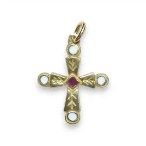 Croix pendentif en bronze émaillé ornée de cabochons – 3 cm – 0192