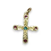 Croix pendentif en bronze émaillé ornée de cabochons rouges
