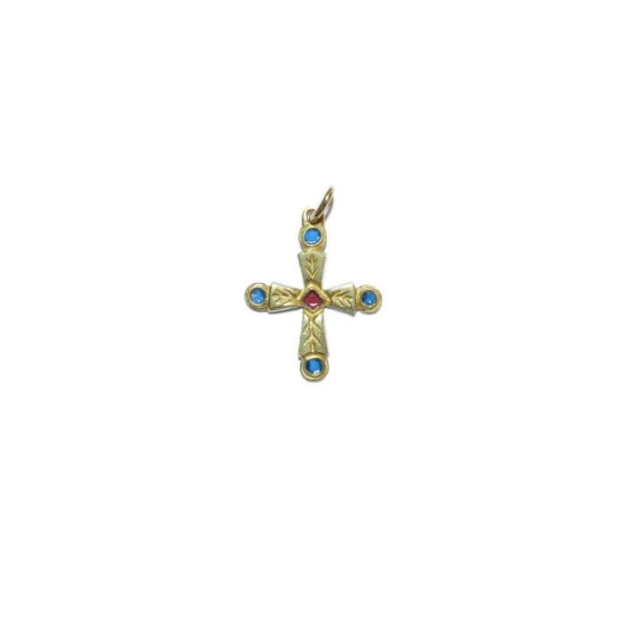 Croix pendentif en bronze émaillé ornée de cabochons – 3 cm – 0192