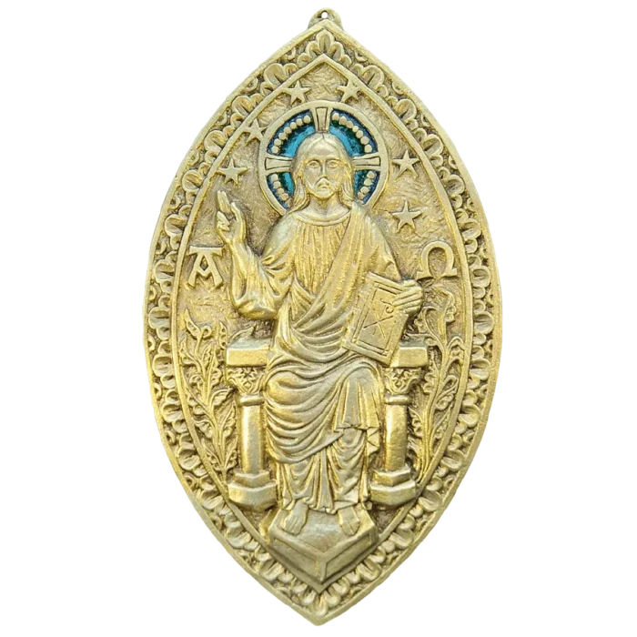 Christ en majesté – plaque gothique de bronze avec émaux grand feu – 25 cm – 0108