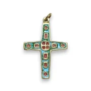 Bijou communion croix émaux vert et rouge