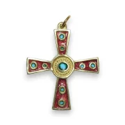 Croix médiévale émaillée rouge avec cabochons verts