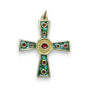 Croix médiévale émaillée verte avec cabochons rouges