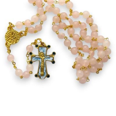 Chapelet chrétien en quartz rose et doré – Croix cabochons – CH3-0197