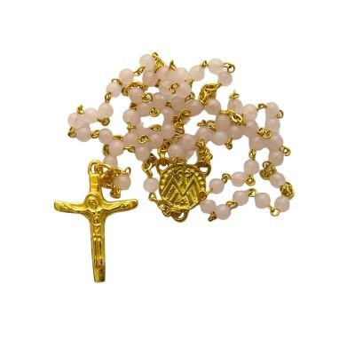 Chapelet en quartz rose 4 mm – Crucifix doré – CH17-0239