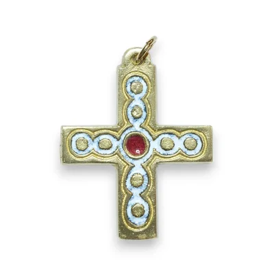 Croix d’inspiration médiévale, bijou émaillé avec cabochons – 5 cm – 013