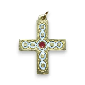 Croix d’inspiration médiévale, bijou émaillé avec cabochons – 5 cm – 013