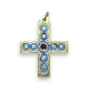 Croix d'inspiration médiévale, bijou en bronze émaillé bleu