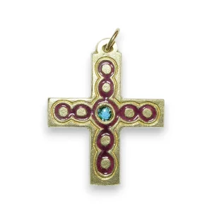 Croix d’inspiration médiévale, bijou émaillé avec cabochons – 5 cm – 013