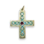 Croix d'inspiration médiévale, bijou en bronze émaillé vert