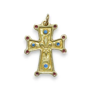 Croix en pendentif : fleur de lys et cabochons émaillés – 3 cm – N50