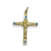 Crucifix d'inspiration médiévale - bijou en bronze et émaux - 3,7 cm - 0202 bleu_