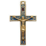 Crucifix médiéval roman, croix murale en bronze émaillé bleue