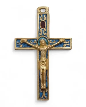 Crucifix médiéval roman, croix murale en bronze émaillé – 9,5 cm – 0164
