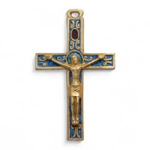 Crucifix médiéval roman, croix murale en bronze émaillé – 9,5 cm – 0164