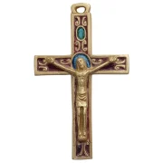 Crucifix médiéval roman, croix murale en bronze émaillé rouge