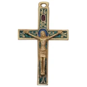 Crucifix médiéval roman, croix murale en bronze émaillé vert