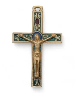 Crucifix médiéval roman, croix murale en bronze émaillé – 9,5 cm – 0164