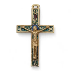 Crucifix médiéval roman, croix murale en bronze émaillé – 9,5 cm – 0164