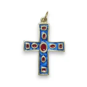 Pendentif communion croix et cabochons bleu et rouge