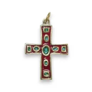 Pendentif communion croix et cabochons vert et rouge