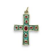 Pendentif communion croix et cabochons vert et rouge