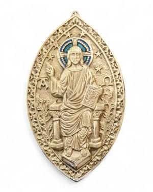 Christ en gloire – plaque gothique de bronze avec émaux grand feu – 25 cm – 0108