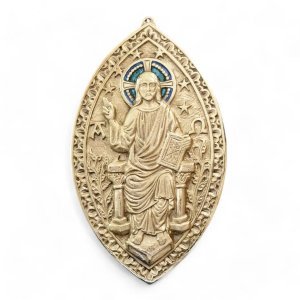 Christ en majesté – plaque gothique de bronze avec émaux grand feu – 25 cm – 0108