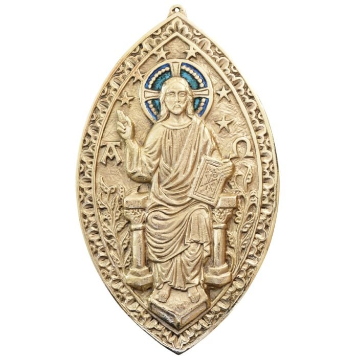 Christ en majesté – plaque gothique de bronze avec émaux grand feu – 25 cm – 0108