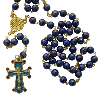 Chapelet en lapis-lazuli – Croix émaillée cabochons – CH7-0197