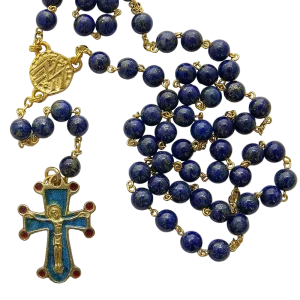 Chapelet en lapis-lazuli – Croix émaillée cabochons – CH7-0197