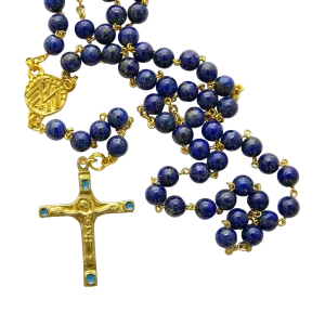 Chapelet en Lapis-lazuli et chaine dorée – Crucifix émaillé – CH7-0202