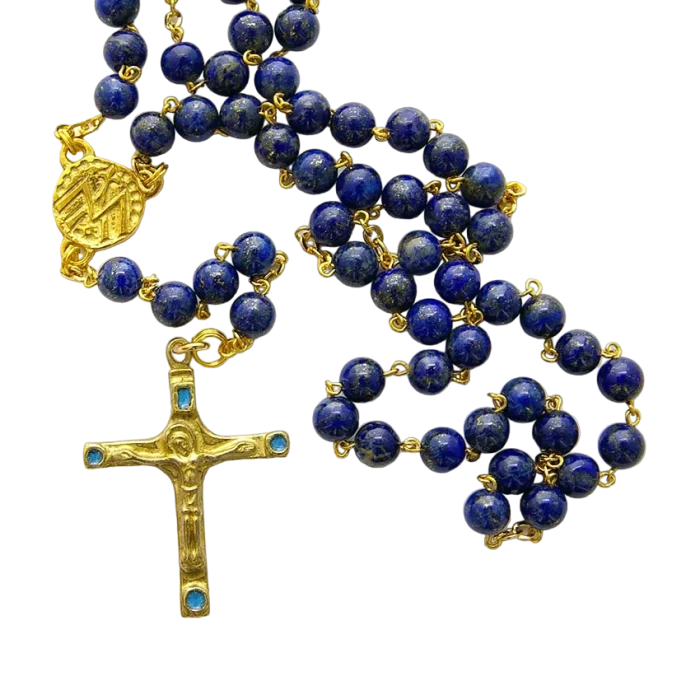 Chapelet en Lapis-lazuli et chaine dorée – Crucifix émaillé – CH7-0202