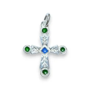 Croix pendentif religieux en argent massif et cabochons – 3 cm – NA0192