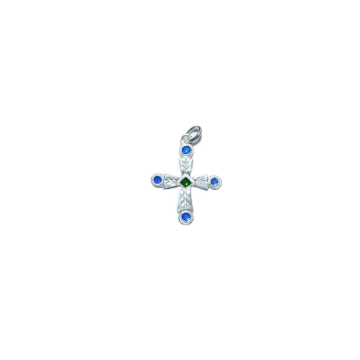 Croix pendentif religieux en argent massif et cabochons – 3 cm – NA0192