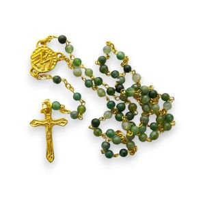 Chapelet doré en agate mousse – Crucifix doré 2,5 cm – CH16-0240