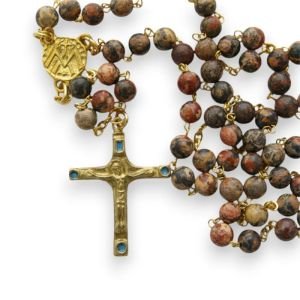 Chapelet en jaspe leopard – Croix dorée- CH1-0202