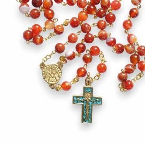 Chapelet orange en cornaline – Croix émaillée – CH4-0181